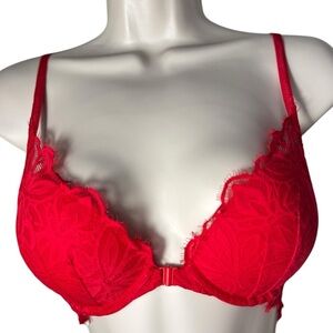 Victoria's Secret Pink 32C Date Super Push Up Bra Red Lace Front Close